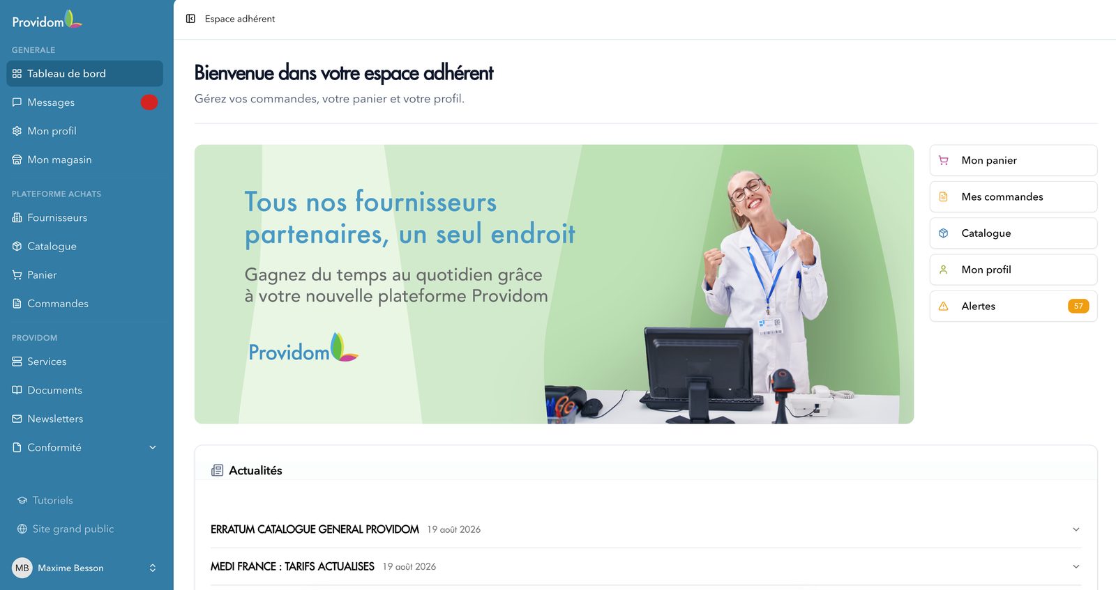 Espace adhérent Providom : tableau de bord, catalogue et commandes